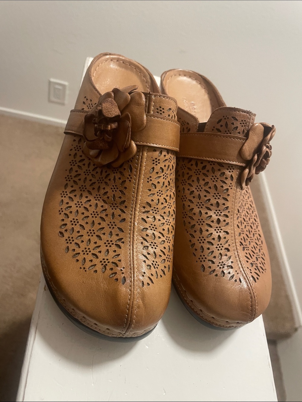 Spring Step Tan Floral Cutout Leather Clogs with Rosette
